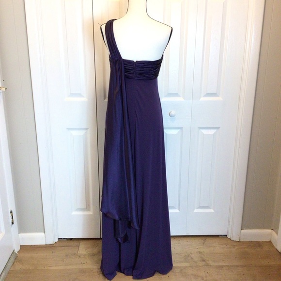 Davids Bridal Lapis Purple One Shoulder Long Jersey Cascade Back Dress Size 8 - Picture 9 of 14